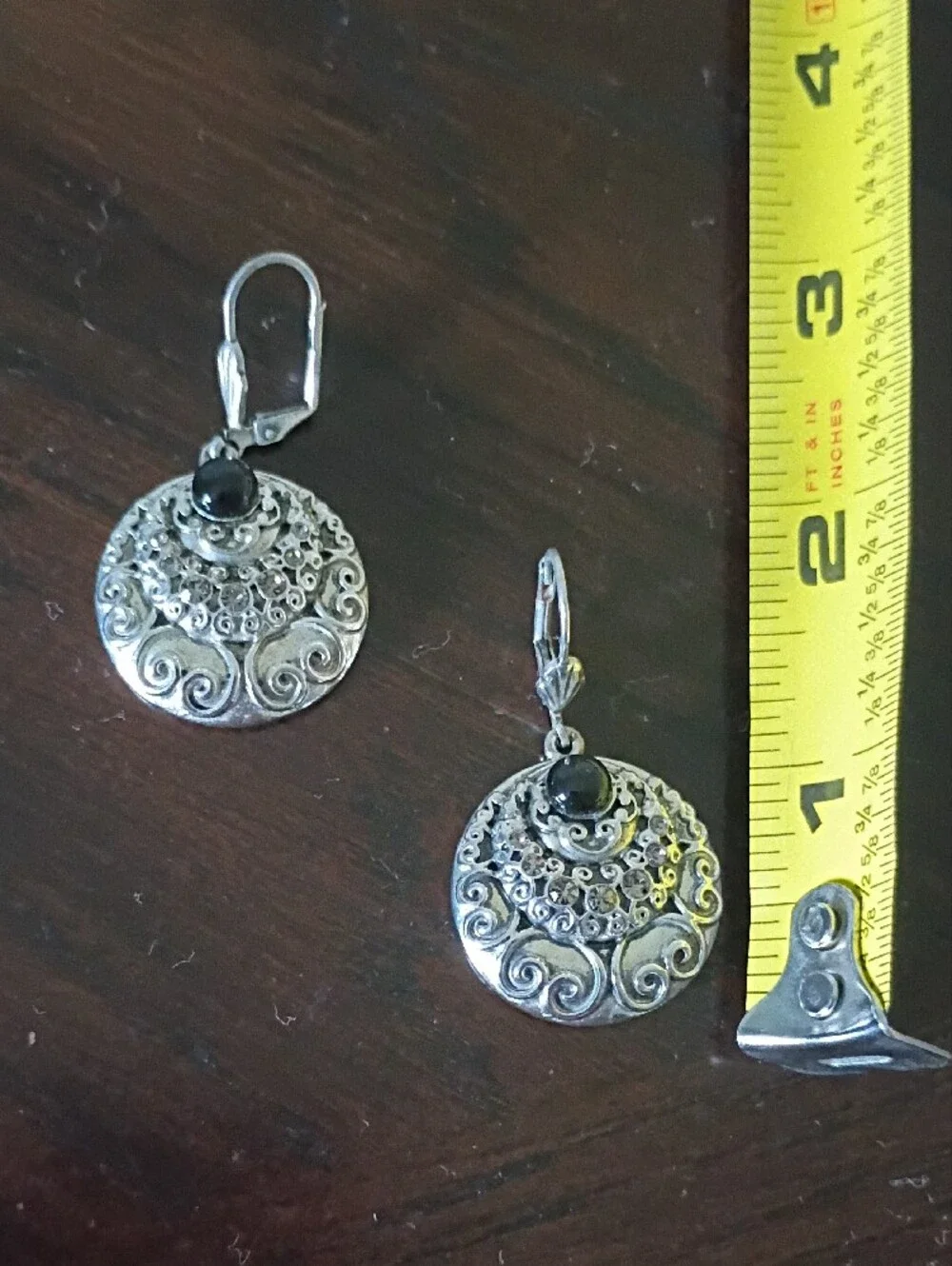 Silver Filigree Drop Earrings with Black Stone
